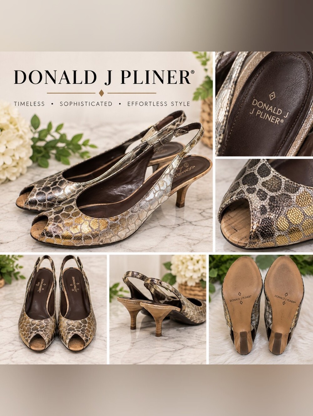 Donald J. Pliner Metallic Gold and Silver Lang Gator Peep-Toe Slingbacks